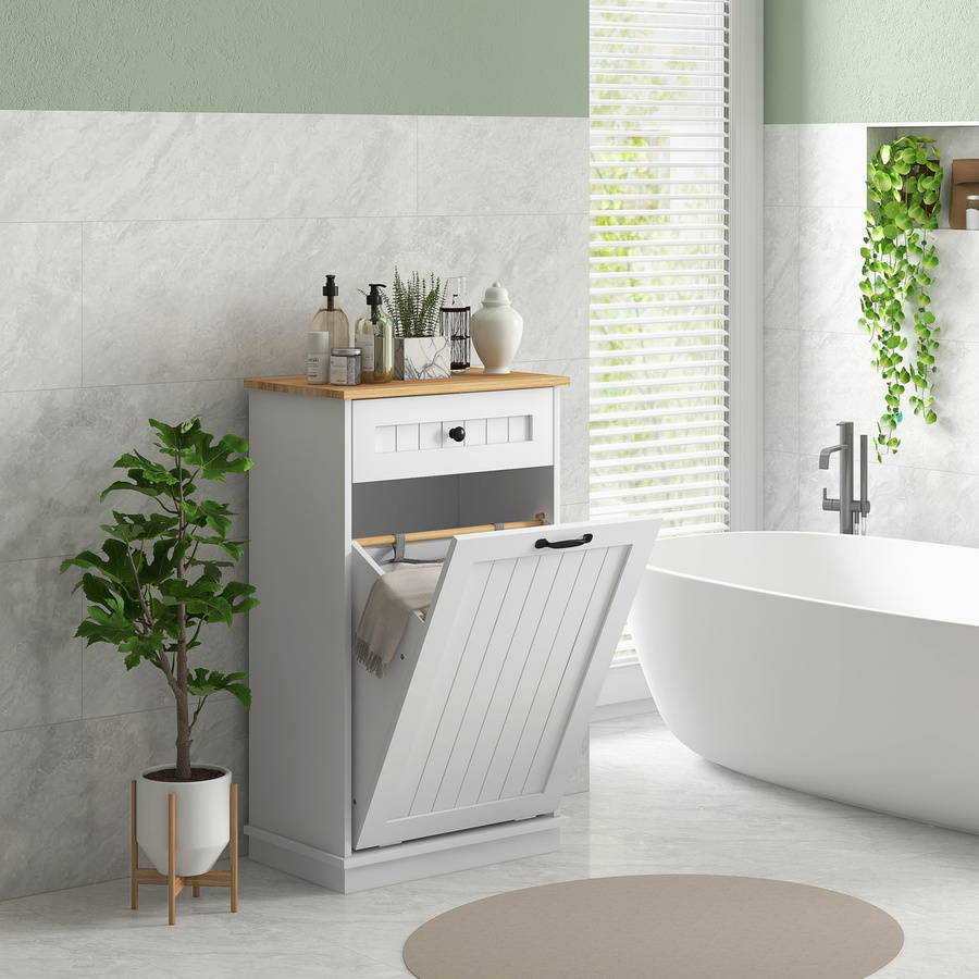 HOMCOM Badezimmerschrank in Weiß mit Wäschesack und Schublade aus Holz und MDF - Bild 2