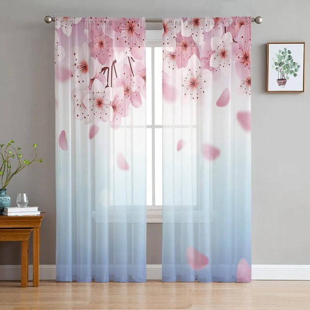 Yiran Furniture Dekorative Tüll-Vorhänge mit Pfirsichblüten- und Kirschblütenmuster in Rosa, halbtransparent, Breite: 135 cm, Höhe: 115 cm - Bild 1