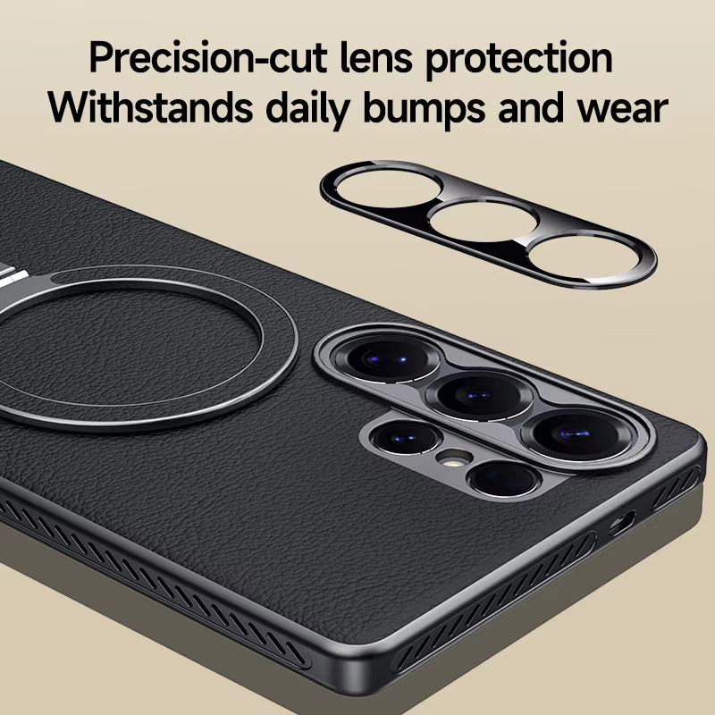 Leder-Schutzhülle mit Streifen-Design und Loch-Wärmeableitung für Samsung Galaxy S24 Ultra und S25 Ultra in Schwarz mit Metall-Halterung und Objektivschutz - Bild 5