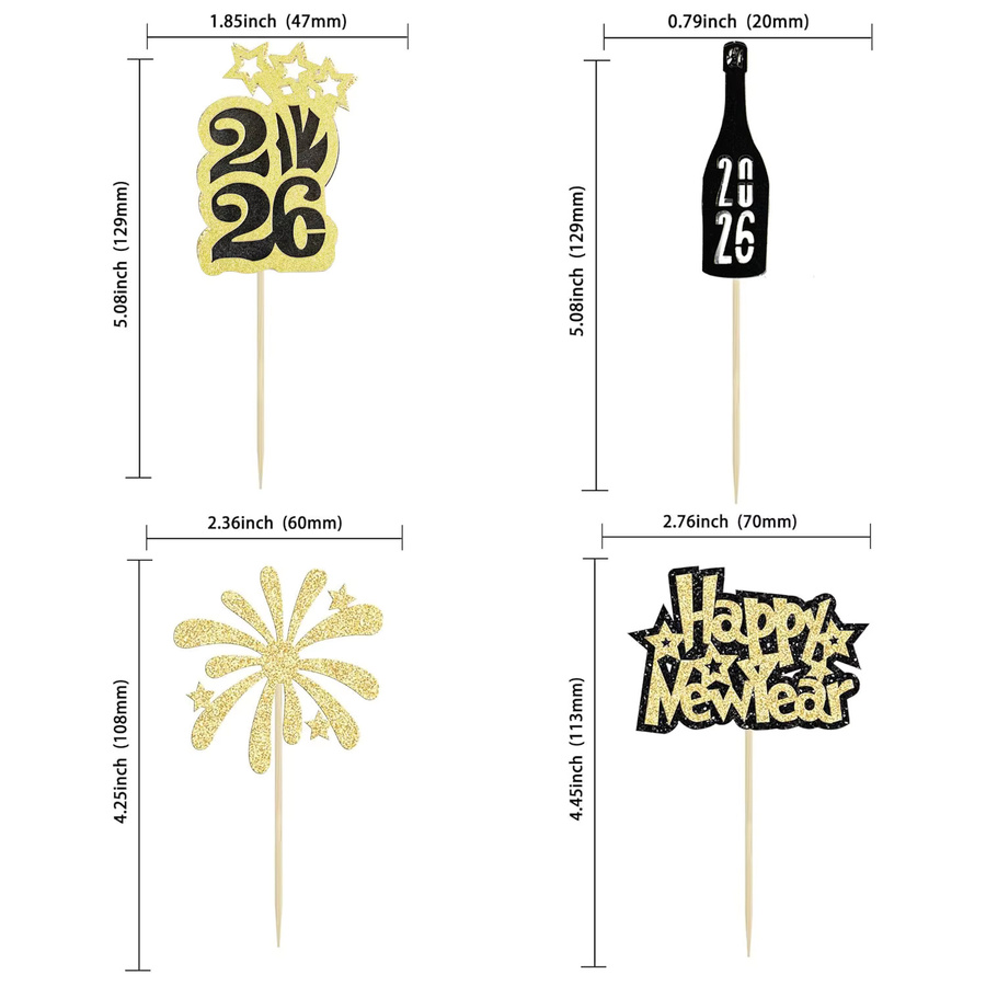 12er Set Cupcake-Topper Frohes Neues Jahr 2026 in Gold und Schwarz mit glitzerndem Feuerwerks-Design als Party-Dekoration für Kuchen und Gebäck - Bild 3