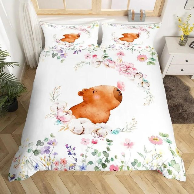 Bettwäscheset JMG Household Supplies mit Cartoon-Capybara-Aufdruck, weiß, Material: Mikrofaser, Set bestehend aus 1 Bettbezug und 2 Kissenbezügen, B/H: 90 x 200 cm - Bild 1