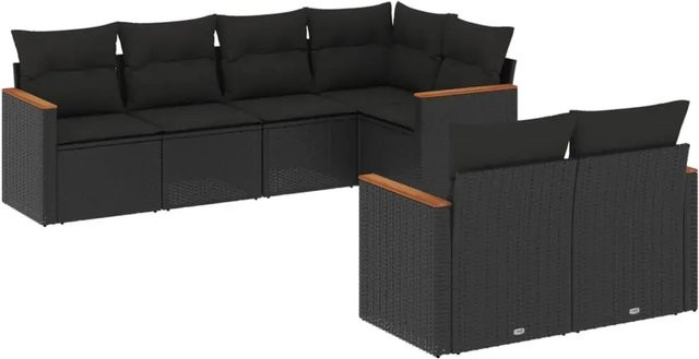 vidaXL 7-teilige Garten-Sofagarnitur in L-Form aus Poly-Rattan und Akazienholz mit Kissen in Schwarz - Bild 1