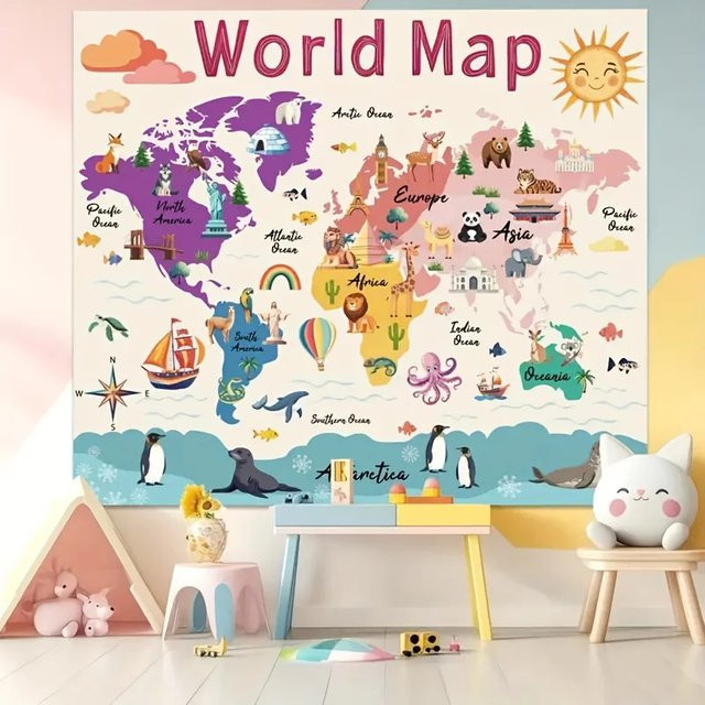 VIKAMA Lern-Weltkarten Wandteppich mit Tieren für Kinderzimmer und Klassenzimmer, Mehrfarbig, B: 60 cm, H: 40 cm - Bild 1