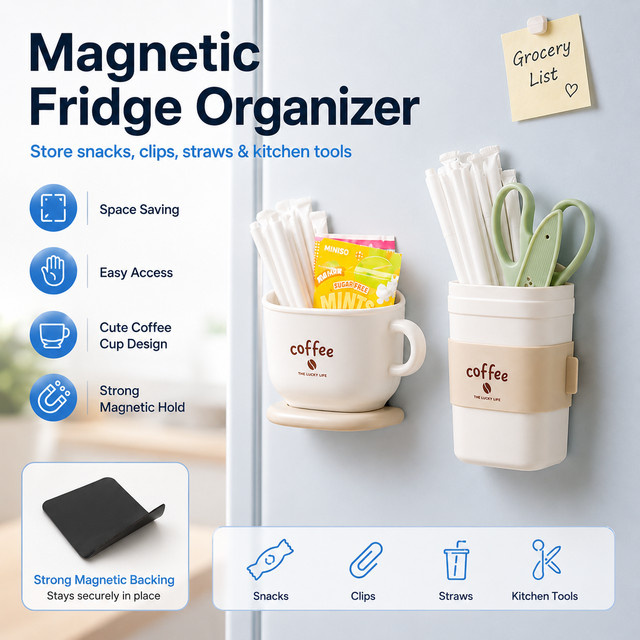 Magnetische Kühlschrank-Aufbewahrungsbox von Meltset in Weiß, Wandmontierter Kaffeetassen-Organizer aus Kunststoff für Küche und Büro - Bild 1