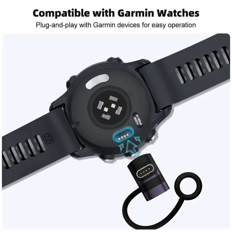 BSN USB-C Ladeadapter für Garmin Fenix 7 6 6X 5S 5X Plus und Forerunner 965 955 Smartwatch Ladekonverter in Schwarz und Silber - Bild 3