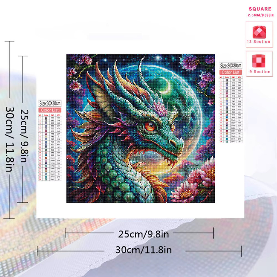 Evershine DIY Diamond Painting Set Drachen Motiv mit Blumen und Mond in Multicolor als runde Diamant Mosaik Dekoration - Bild 2