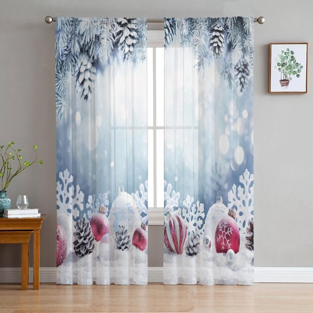 Yiran Furniture Weihnachts-Fensterdekoration mit Weihnachtsglocken und Tannenbaum, transparenter Organza-Vorhang in Blau, Breite: 135 cm, Höhe: 115 cm - Bild 1