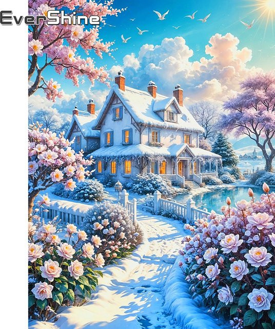 EverShine Diamant-Mosaik Stickerei Winterlandschaft mit Haus und Blumen in Mehrfarbig, B/H: 30 x 30 cm - Bild 1
