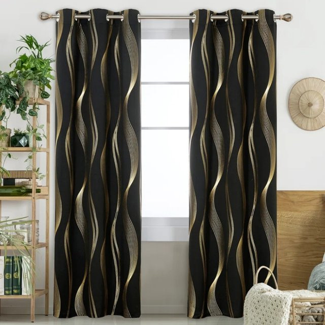 CENTURyMiG Verdunkelungsvorhang mit Goldfolien-Wellenmuster in Schwarz, lichtblockierender Stoff mit Ösen, Breite: 200 cm, Höhe: 100 cm - Bild 1