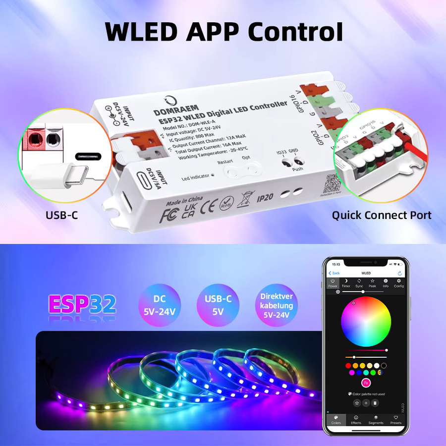 DOMRAEM WLED Controller ESP8266 ESP32 mit USB-C und Mikrofon für RGB IC digitale adressierbare Lichter WS2811 WS2812B WS2815 SK6812 mit WiFi und Fernbedienung - Bild 2