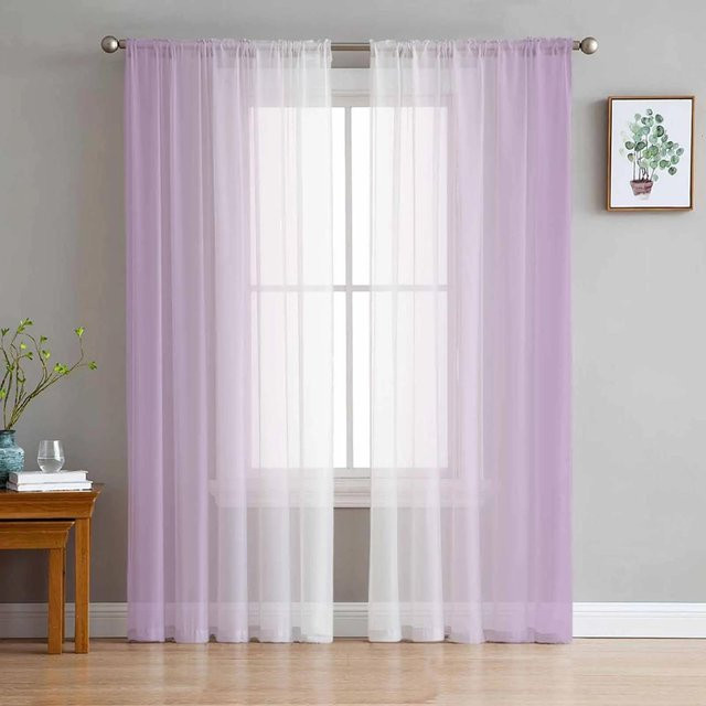Yiran Furniture Transparente Tüll Vorhänge aus Organza und Voile in Lila und Weiß mit Ösen, B: 135 cm, H: 115 cm - Bild 1