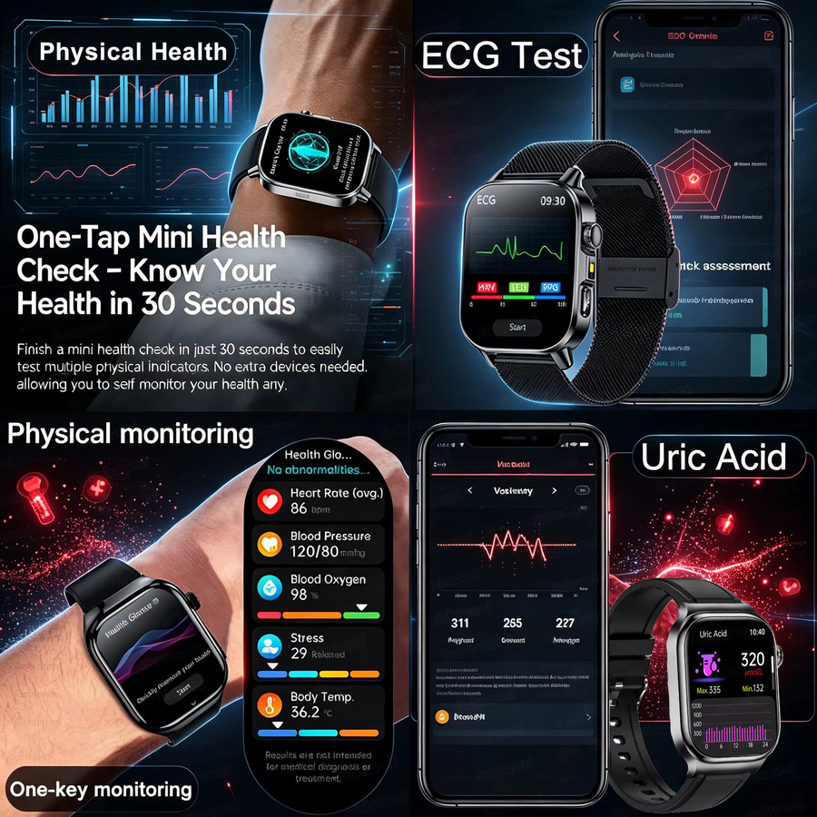 GUHUAVMI Smartwatch mit Harnsäure- und Lipid-Gesundheitsanalyse, EKG, PPG, Bluetooth-Anruf und 2,01 Zoll LED-Taschenlampe für Herren und Damen in Schwarz und Pink - Bild 4