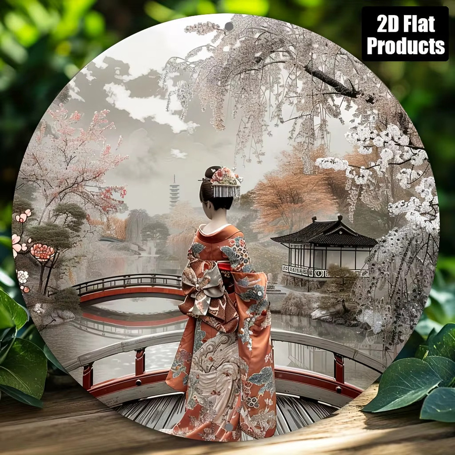 Potdemiel Vintage Japanische Kimono-Frau Wandkunst aus Metall, Rundes Metallschild mit traditioneller asiatischer Szene und Blumenmuster, Durchmesser: 20,3 cm, Mehrfarbig - Bild 4