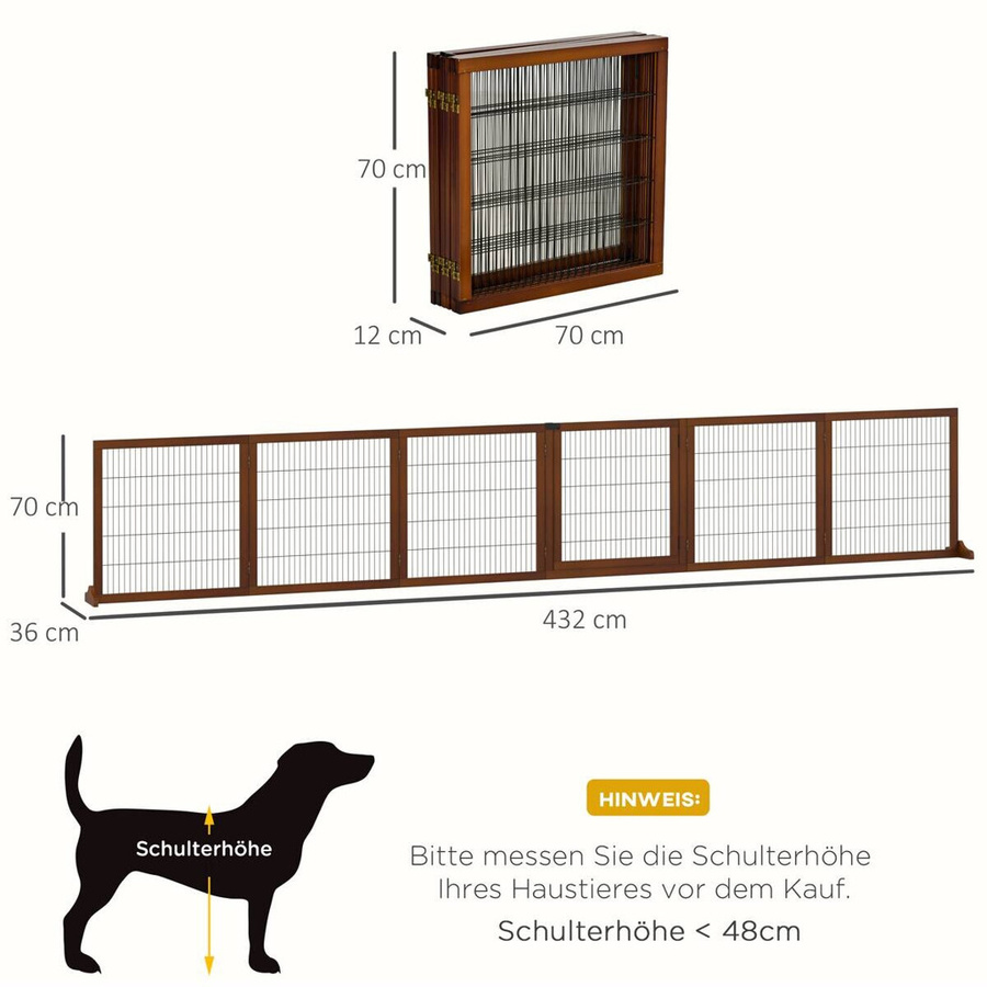 PawHut Hund Absperrgitter 6-teilig aus Kiefer Holz in Braun, Faltbares Treppengitter und Türschutzgitter für Flur und Schlafzimmer, B/H/L: 432 x 70 x 36 cm - Bild 3