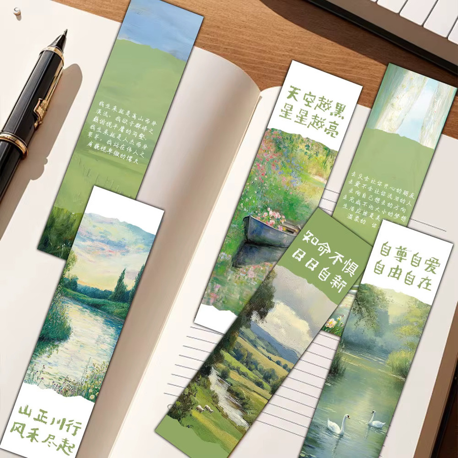 30er Set Ästhetische Lesezeichen mit Frühlingslandschaft in Grün und Multicolour aus Papier - Bild 1