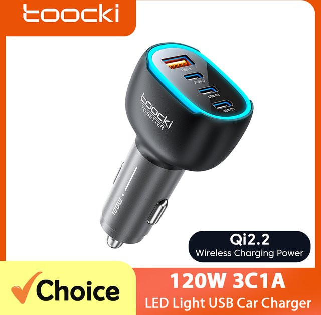 Toocki Mini-Autoladegerät mit 4 Anschlüssen und Ambientebeleuchtung in Schwarz, 120W/90W Schnellladung mit USB Typ-C für Samsung und iPhone - Bild 1