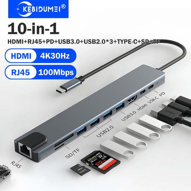KEBIDUMEI 10-in-1 USB-C Dockingstation in Grau mit HDMI, USB 3.0 und RJ45 Ethernet Adapter - Bild 1