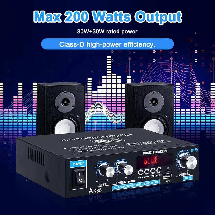 Kebidumei AK35 Digitaler Stereo-Verstärker 800W, 2-Kanal Mini HIFI Heim-Leistungsverstärker mit Bluetooth 5.0, USB und FM in Schwarz - Bild 2