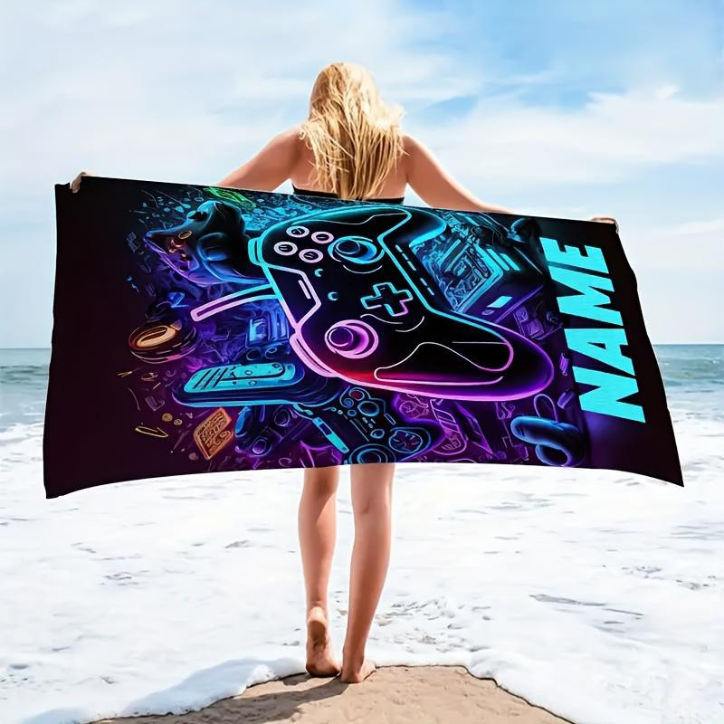 Personalisiertes Mikrofaser-Strandtuch mit Game Controller Neon-Spieldesign von JMG Household Supplies, Mehrfarbig, B/H: 80 x 130 cm und 40 x 70 cm - Bild 2
