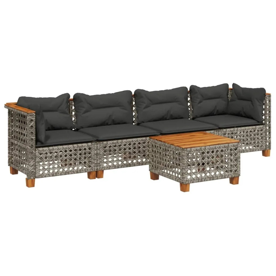vidaXL 5-tlg Garten-Sofagarnitur in L-Form aus Polyrattan und Akazienholz mit Kissen, Grau - Bild 2