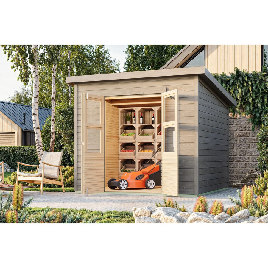 Karibu Holz-Gartenhaus mit Pultdach in Braun, Grundiert, B: 242 cm, T: 244 cm, H: 219 cm - Bild 2