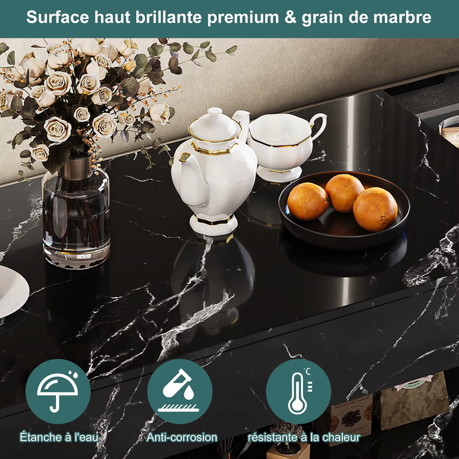 Anajqaqia Moderner Couchtisch in Schwarz mit Marmor-Effekt und Hochglanz-Finish, zweistufiger Sofatisch mit 2 Schiebeschubladen und offenem Stauraum, B/T/H: 100 x 50 x 45 cm - Bild 4