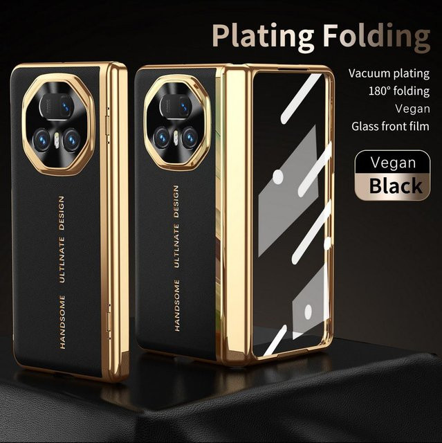 Schutzhülle für Honor Magic V3 und Honor Magic V5 mit lederbeschichtetem Rahmen und gehärtetem Glas Rundum-Abdeckung in Schwarz - Bild 1