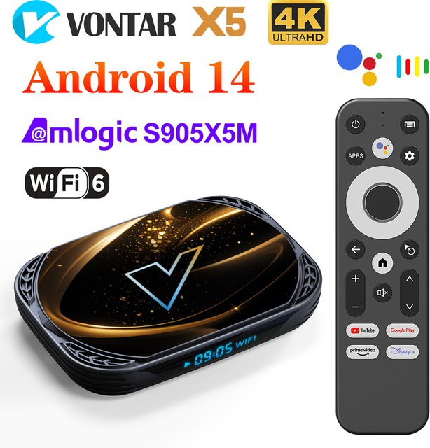 VONTAR X5 TV-Box Android 14 mit Amlogic S905X5M, 4GB RAM, 128GB Speicher, 4K UHD, AV1, WiFi6 und LAN, Schwarz - Bild 1