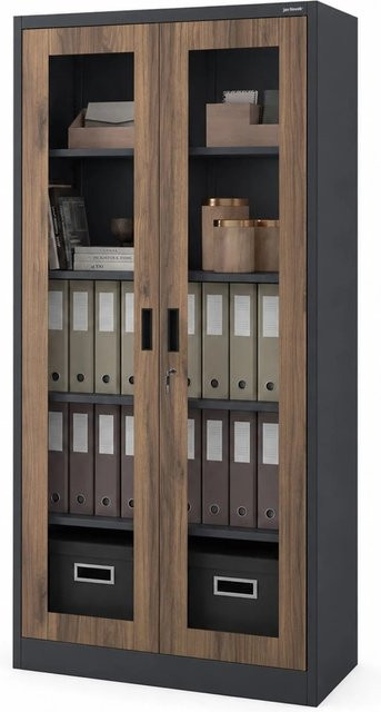 JAN NOWAK Metallschrank AMELIA mit Vitrine und Glastüren in Anthrazit und Nussbaum, H: 185 cm, B: 90 cm, T: 40 cm - Bild 1