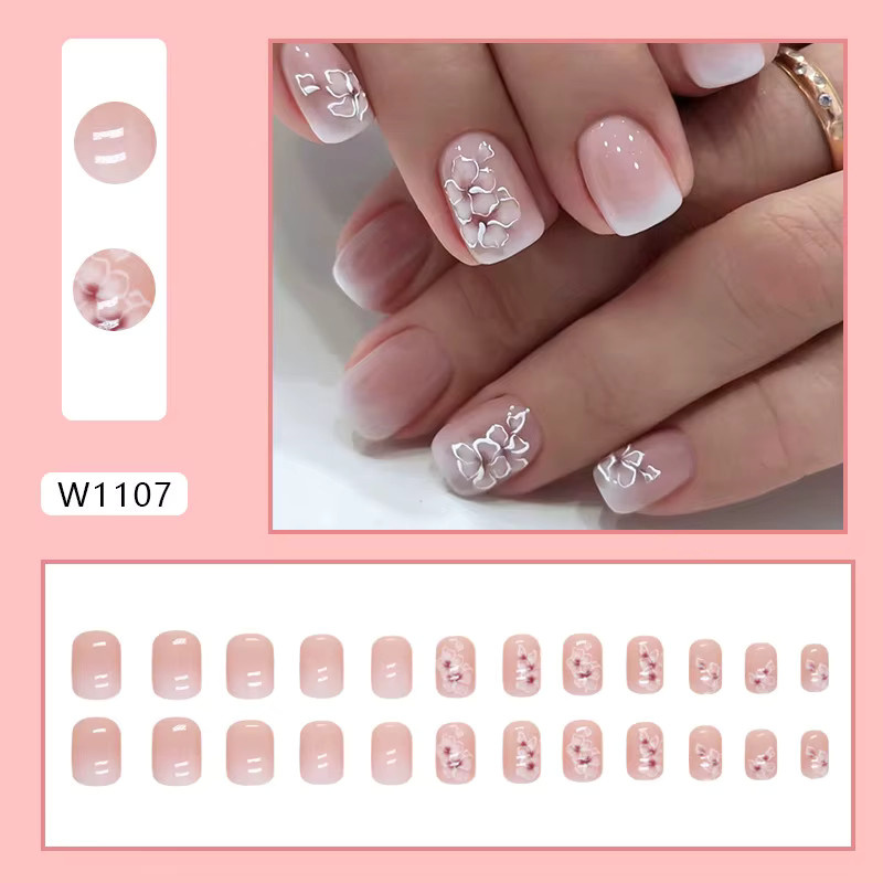 JIASHIXUAN Künstliche Nägel, Quadratisch, Weiße Blumen, Glänzend, 24 Stück - Bild 2