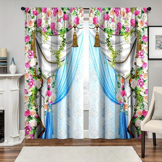 Yiran Furniture Vorhänge Set mit floralem Aufdruck, 2 Stück, halbtransparent, Mehrfarbig, B: 65 cm, H: 60 cm - Bild 1