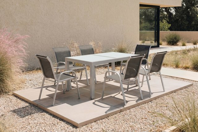 Villana Garten-Essgruppe aus Aluminium und Textil in Silber/Schwarz mit Ausziehtisch und 6 Stapelstühlen - Bild 1
