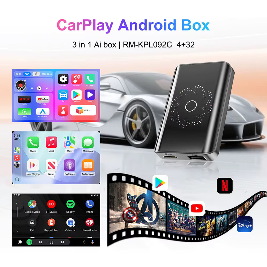EzoneTronics Android 14 CarPlay AI Box Kabelloser CarPlay und Android Auto Adapter mit Spiegelteiler für YouTube und Netflix in Schwarz oder Weiß - Bild 3