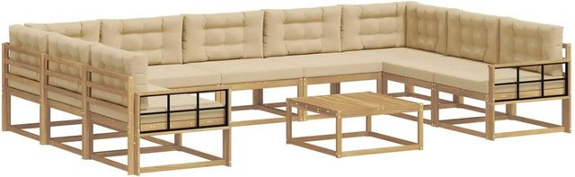 vidaXL Outdoor-Sofagarnitur in U-Form aus Akazienholz mit 10 Kissen in Weiß, Beige und Braun - Bild 1