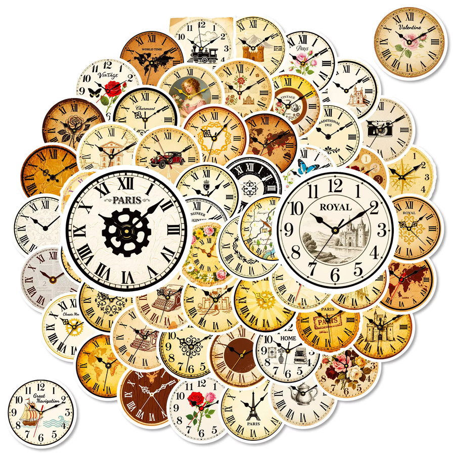 56 Stück Vintage nostalgische Uhr Doodle-Aufkleber aus Papier in Multicolour für Laptop, Telefon und Schreibwaren - Bild 1