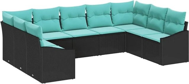 vidaXL Sofa Set aus Poly-Rattan in Schwarz, 9-teiliges L-Shape Lounge-Set mit Kissen und wetterfestem Polyester-Bezug - Bild 1