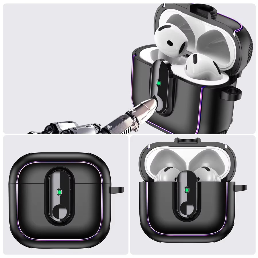 Schutzhülle für Apple AirPods 4, 3, 2 und Pro 3 mit Rüstungsverriegelungsverschluss und magnetischem Schutz in Lila mit gelben und schwarzen Streifen - Bild 2