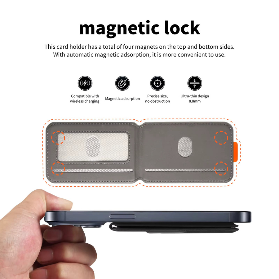 Eseble Magnetischer Telefonkartenhalter aus Premium PU-Leder in Grau mit RFID-Schutz und Kompatibilität für magnetisches kabelloses Laden - Bild 2