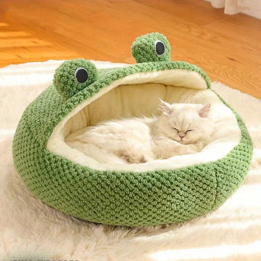 KaiSai Halboffenes Katzenbett in Grün mit Frosch-Design aus Plüsch und Noppenfleece für kleine Hunde und Katzen - Bild 4