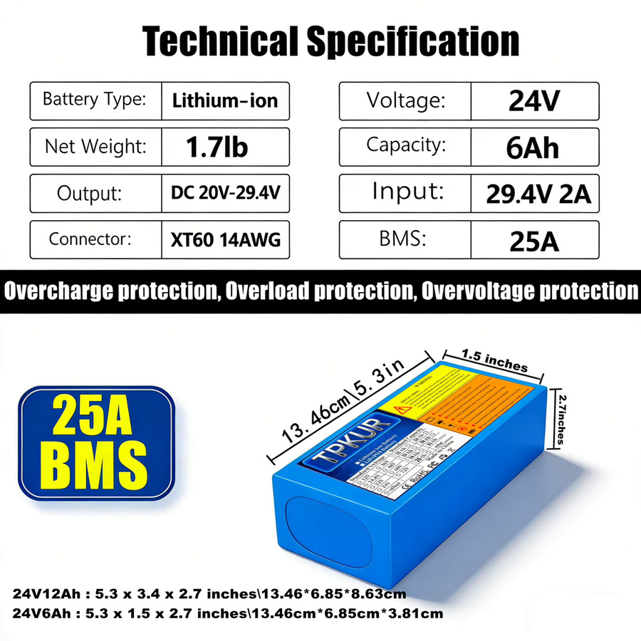 TPKUR Lithium-Ionen-Akku 24V 12Ah 7S4P mit BMS in Blau für elektrische Pendlerfahrzeuge von 350W bis 700W - Bild 2