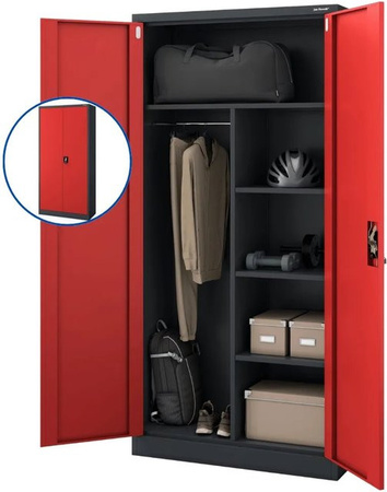 DELUKE Mehrzweckschrank aus Metall mit Kleiderstange und Regalböden, abschließbar, Anthrazit-Rot, H x B x T: 185 x 90 x 45 cm