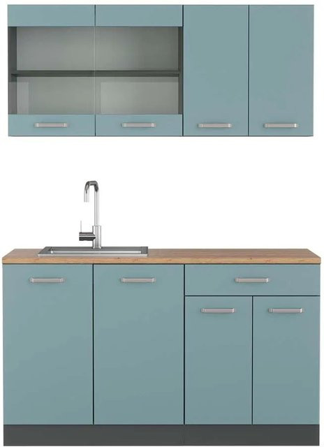 Vicco R-Line Singleküche Blau-Grau/Anthrazit mit Eiche-Elementen, Breite: 140 cm - Bild 1