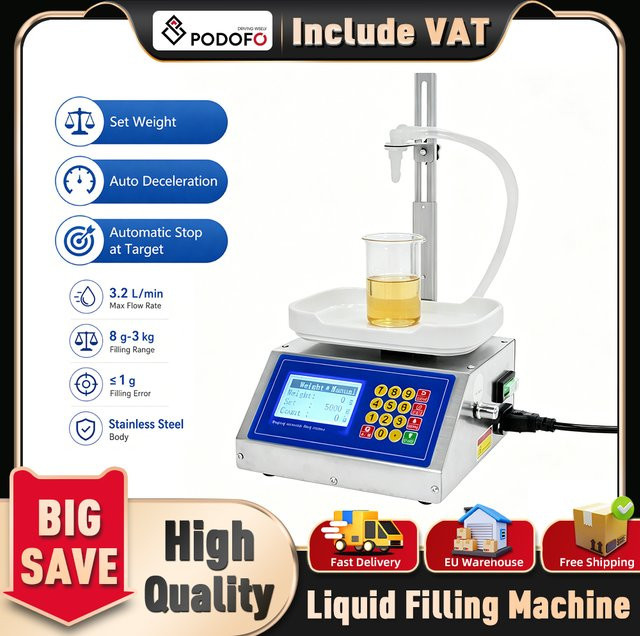 Podofo Automatische Flüssigkeitsabfüllmaschine mit 30W Membranpumpe und LCD-Digitalanzeige aus Edelstahl für Wasser, Olivenöl, Wein und Saft - Bild 1
