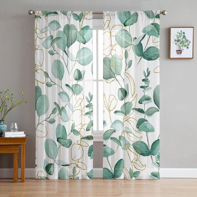 Transparenter Tüll-Vorhang mit Eukalyptus-Motiv in Weiß und Grün, moderne Voile-Fenstervorhänge für Wohnzimmer und Küche, Breite: 135 cm, Höhe: 115 cm - Bild 1