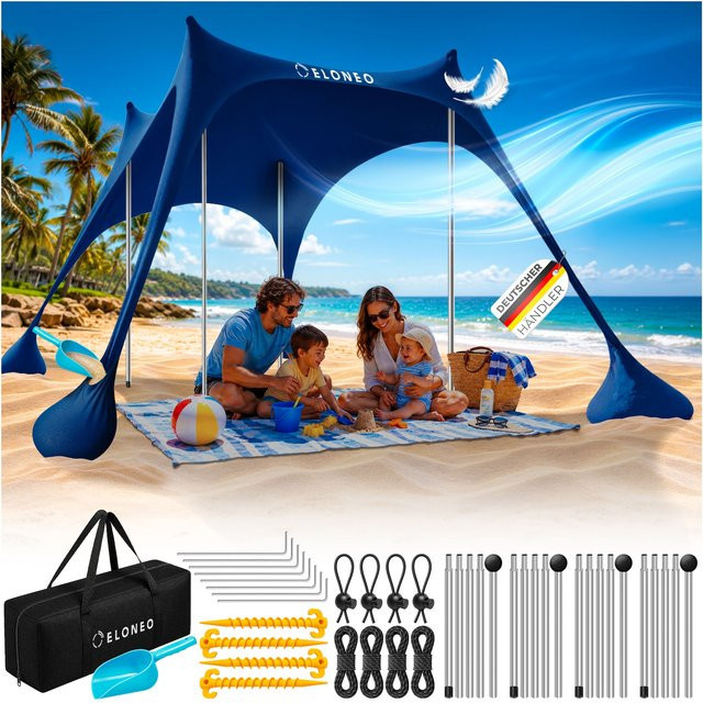 ELONEO Strandzelt Sonnensegel Navy B/T/H: 300 x 300 x 200 cm mit LSF 50+ und Zubehör für 8 Personen - Bild 1