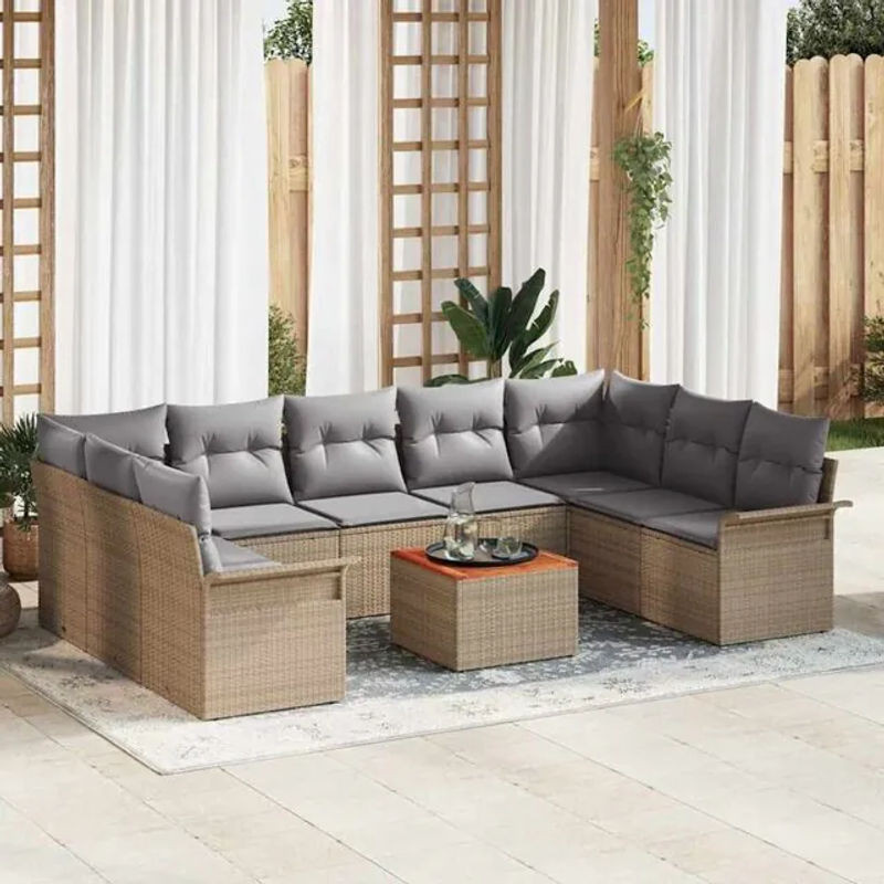 VIDAXL Polyrattan Garten-Sofa-Set aus 10 Teilen in Beige und Grau, modernes modulares Loungemöbel-Set mit Akazie und Stahl, B/T/H: 55 x 55 x 37 cm - Bild 1
