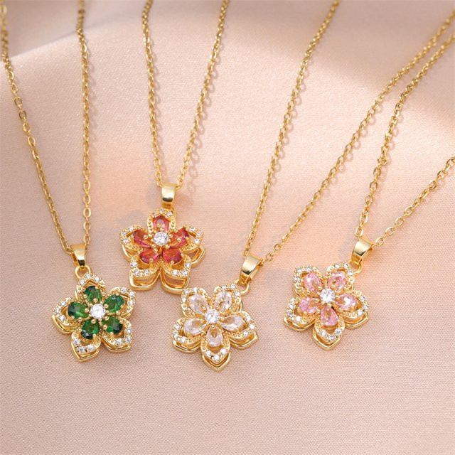 Rinhoo Halskette, Edelstahl, Gold, Zirkonia, Damen, Blume - Bild 1