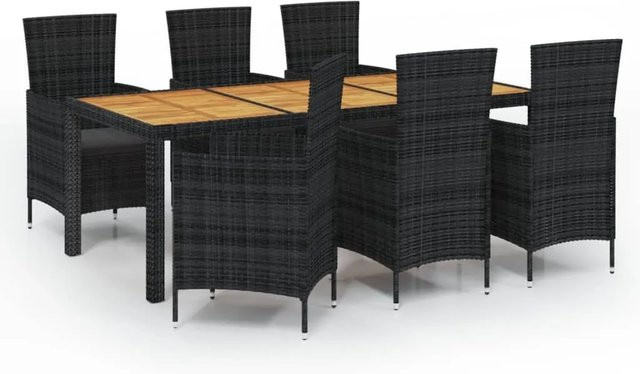 vidaXL 7-tlg Garten-Essgruppe aus Poly Rattan und Akazienholz in Schwarz mit wetterfesten Auflagen - Bild 1