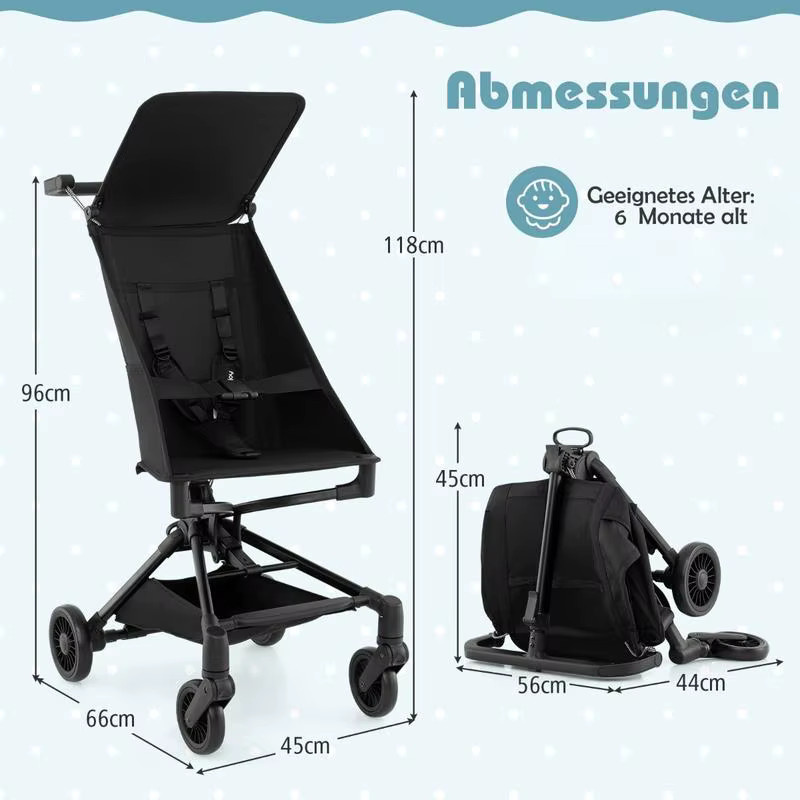 Schwarzer Reisebuggy Kompakter Leichtgewicht-Kinderwagen Flugzeugfreundlich mit Einhand-Faltfunktion und Schultergurt - Bild 4