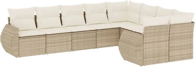 vidaXL 9-tlg. Garten-Sofagarnitur in L-Form aus Poly-Rattan und pulverbeschichtetem Stahl mit Kissen in Beige und Cremeweiß - Bild 1
